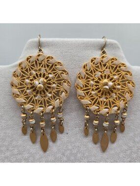 Boho Gold Dreamcatcher Dangle Earrings With Intricate Lace Design & Beads